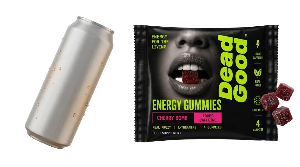 A typical energy drink can versus Dead Good energy gummies